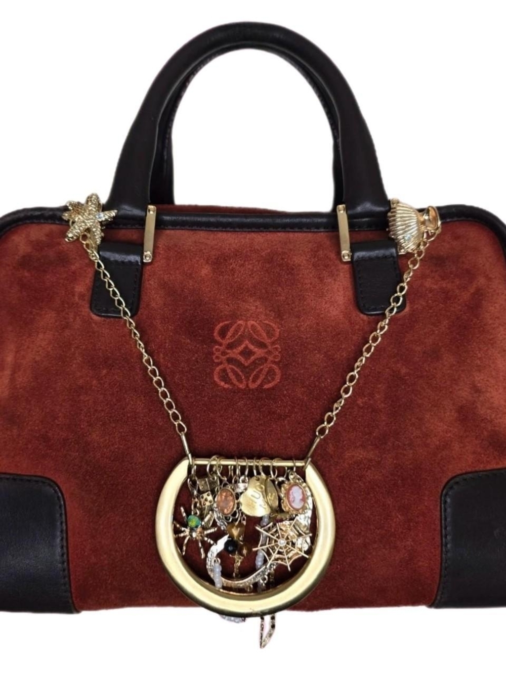 Loewe Amazona 28 Suede Bag Medium Rust Color, Brown Leather Trim